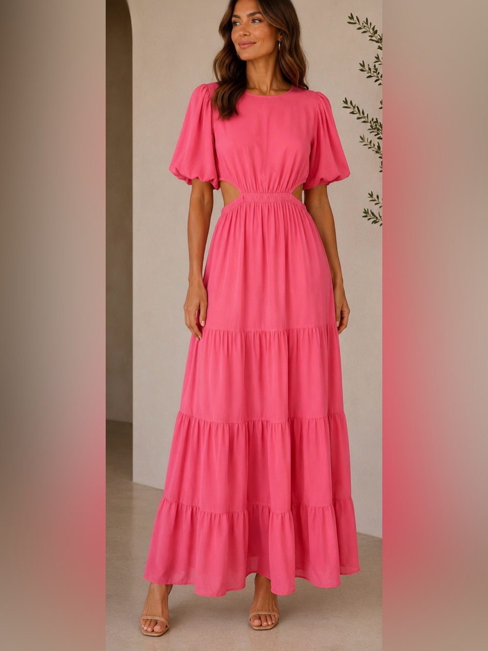 Pink Puff Sleeve Tiered Maxi Dress with cut out waist medium‎